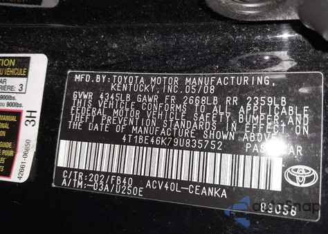 2009 Toyota Camry Le из США, поврежденный, VIN 4T1BE46K79U835752